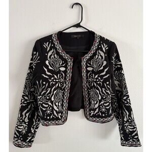 BCBG Maxazria Embroidered Cropped Blazer Jacket Size 4 Black White Red